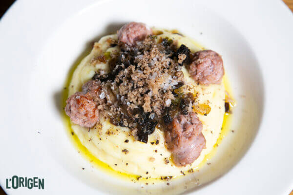Puré de patata amb botifarra i bolets
